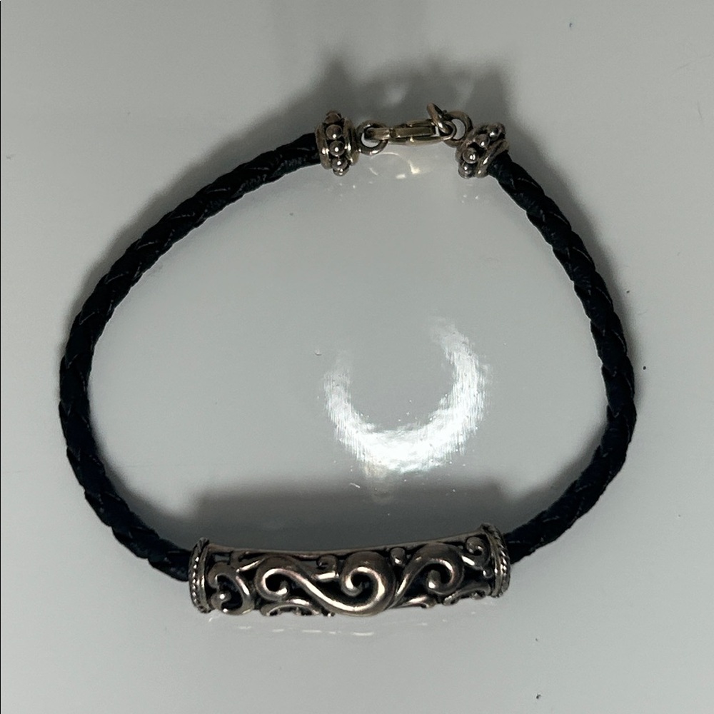 NWOT Carolyn Pollack Sterling Silver Scroll Slide On Braided Leather Bracelet